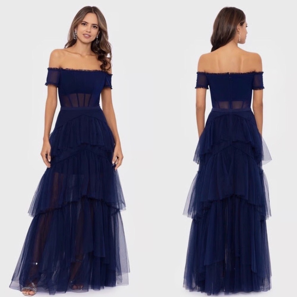 BETSY & ADAM Off Shoulder Tierd Ball Gown | NAVY | 4